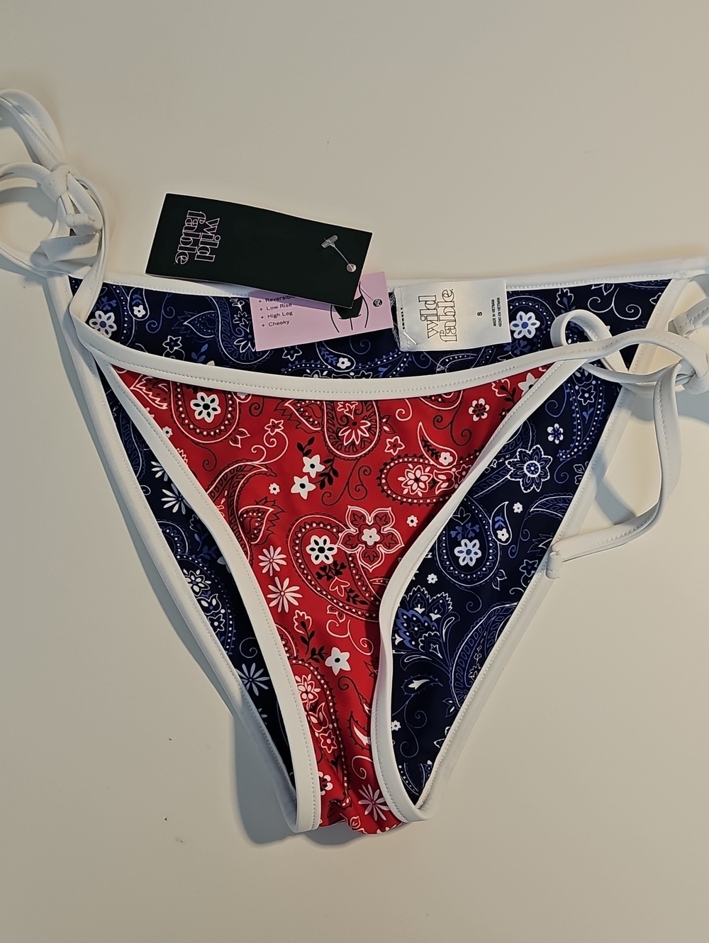 Wild Fable Women's S REVERSIBLE Red and Navy Paisley Side-tie Bikini Bottom